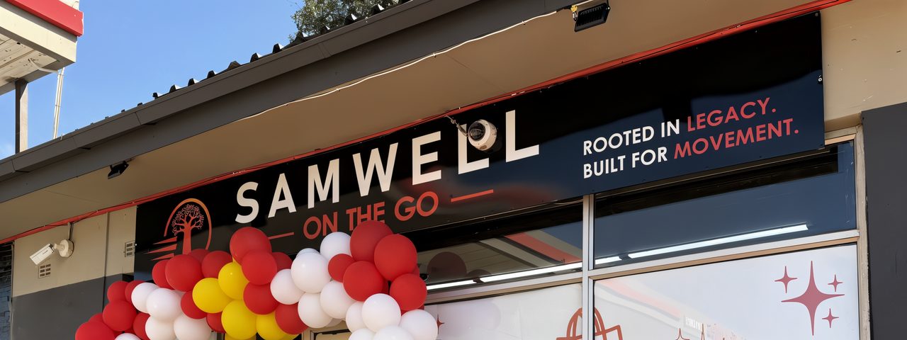 The Samwell On The Go shopfront with the line 'Rooted in legacy. Built for movement.'