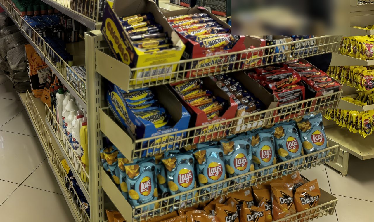 Shop shelving stocked with chips, biscuits and snacks